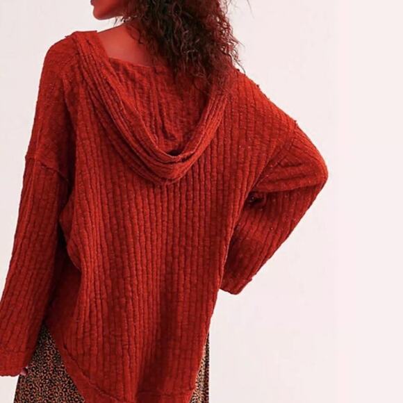 FREE PEOPLE Red Baja Babe Hacci Top Hoodie Womens Size Small Oversized Slouchy - Picture 2 of 10